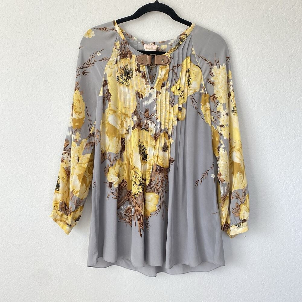 Tracy Reese Pleated Yellow & Gray‎ Floral Tunic 100% Silk Shirt Size P
